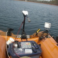 The busy end of the inflatable, on the left, the anchor, then the
motor, the clamp holds the 3/4" S.S. square pipe that ha