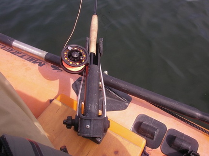 Large Scotty rod holder, adapted with a piece of ABS into a fly rod
holder, does double duty