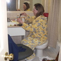The bathroom, it's not just for pooping any more.
Deb tying flies at 4:30 AM.