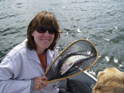 Wife with a great fish she caught while using &quot;the biggest strike indicator we could find&quot; in my box.