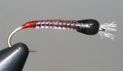 Larva lace on black wrapped hook chronomid (Red butt and red rib)