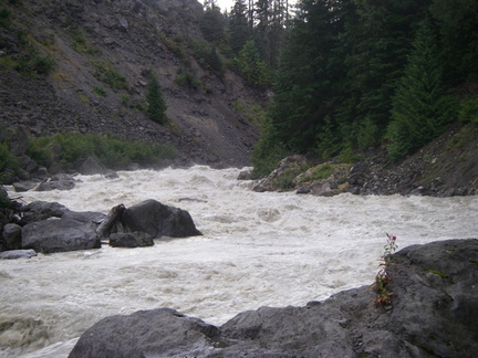 A look upstream the Lillooet River as it flies by the hot springs after some heavy rain. 