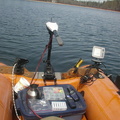 Aft setup on Metzler.
Left is anchor, mid is motor - up to 15hp.
Next is transducer clamped on, then depth sounder.