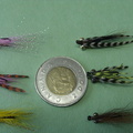 6 Bonefish Flies with a Toonie for size comparison
