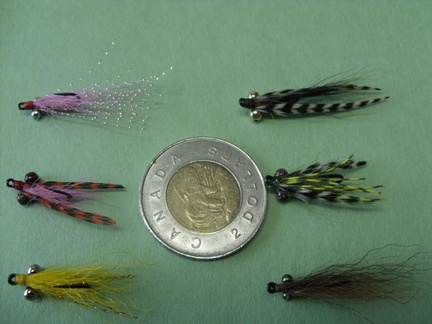 6 Bonefish Flies with a Toonie for size comparison
