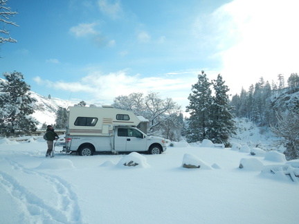 Dean and camper chasing steelhead in the snow.