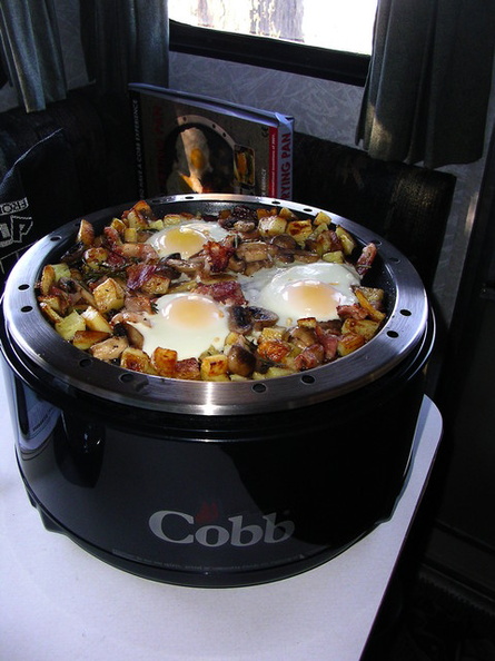 Breakfast is almost ready.  Potatos, Mushrooms, maple Bacon, Eggs and Rosemary spice