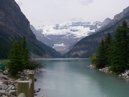 Looking across Lake Louise to the Mt. Victoria glacier.