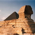 Sphinx side view to the pyramids with the evening light.