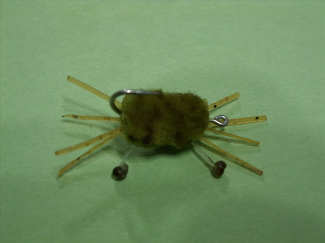 Crab fly. Weighted on the bottom of the fly with a 5/32 barbell tied across the hook to make sure it sits on the bottom properly