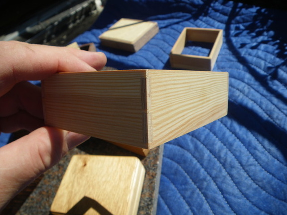 Just showing some joint detail of an unfinished box: fir with dovetailed splined mitre joint
